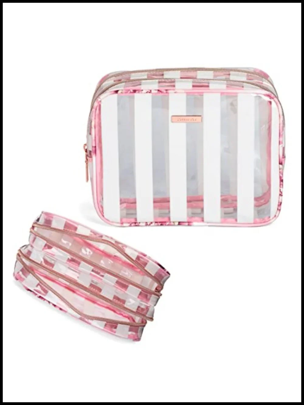Double Zip Cosmetic Bag with Clear PVC Lining & Gold-Tone Zippers